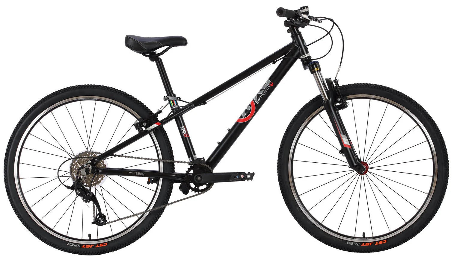 A black BYK kids mountain bike with red accents on a white background