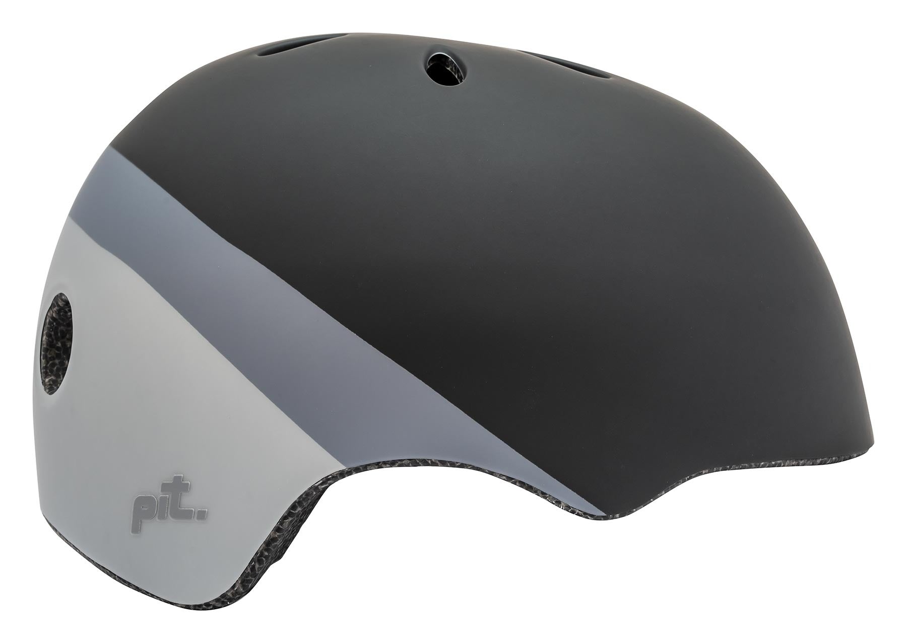 Grey and black BMX helmet against a white background