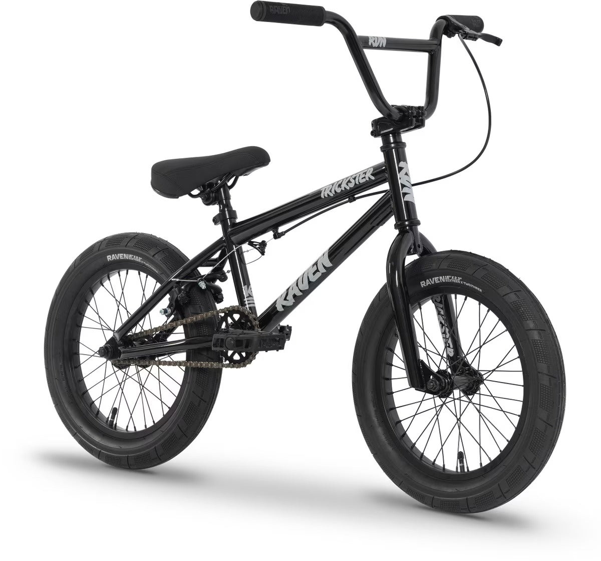 A black BMX bike with vibrant pink and yellow graphics on the frame, branded 'Raven' and 'Trickster', shown on a clean white background.