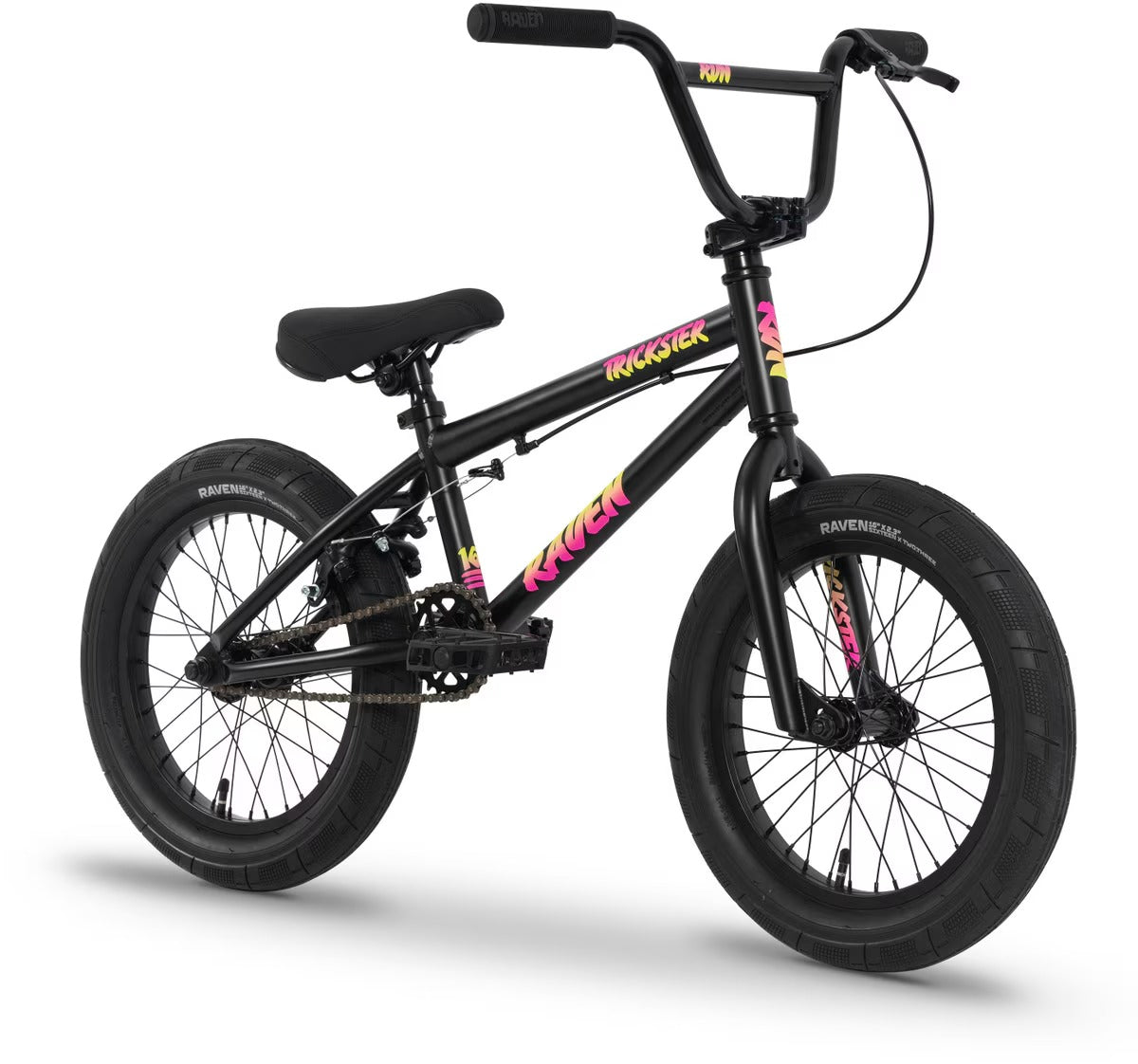 A black BMX bike with vibrant pink and yellow graphics on the frame, branded 'Raven' and 'Trickster', shown on a clean white background.