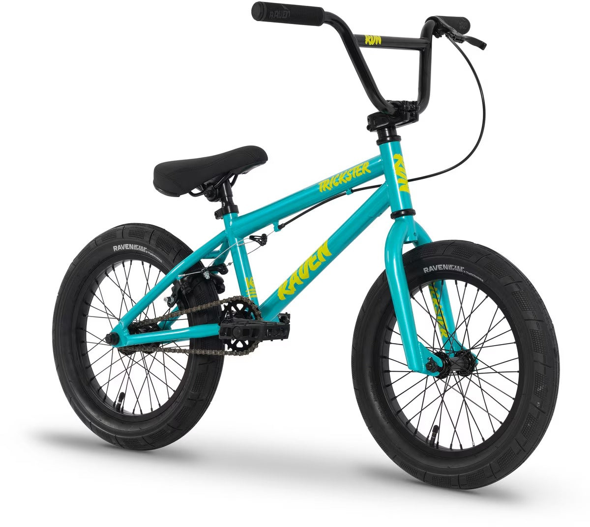A kids' BMX bike with a bright turquoise frame, black handlebars and tyres, and yellow graphic accents. The brand name 'RAVEN' is clearly visible on the frame.