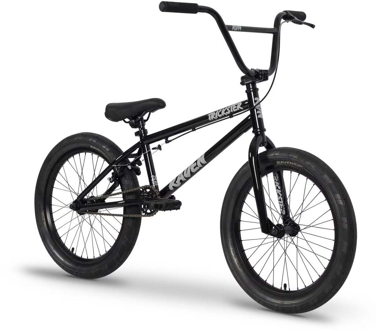 A black Raven Trickster BMX bike with visible branding  on the frameshown on a white background.