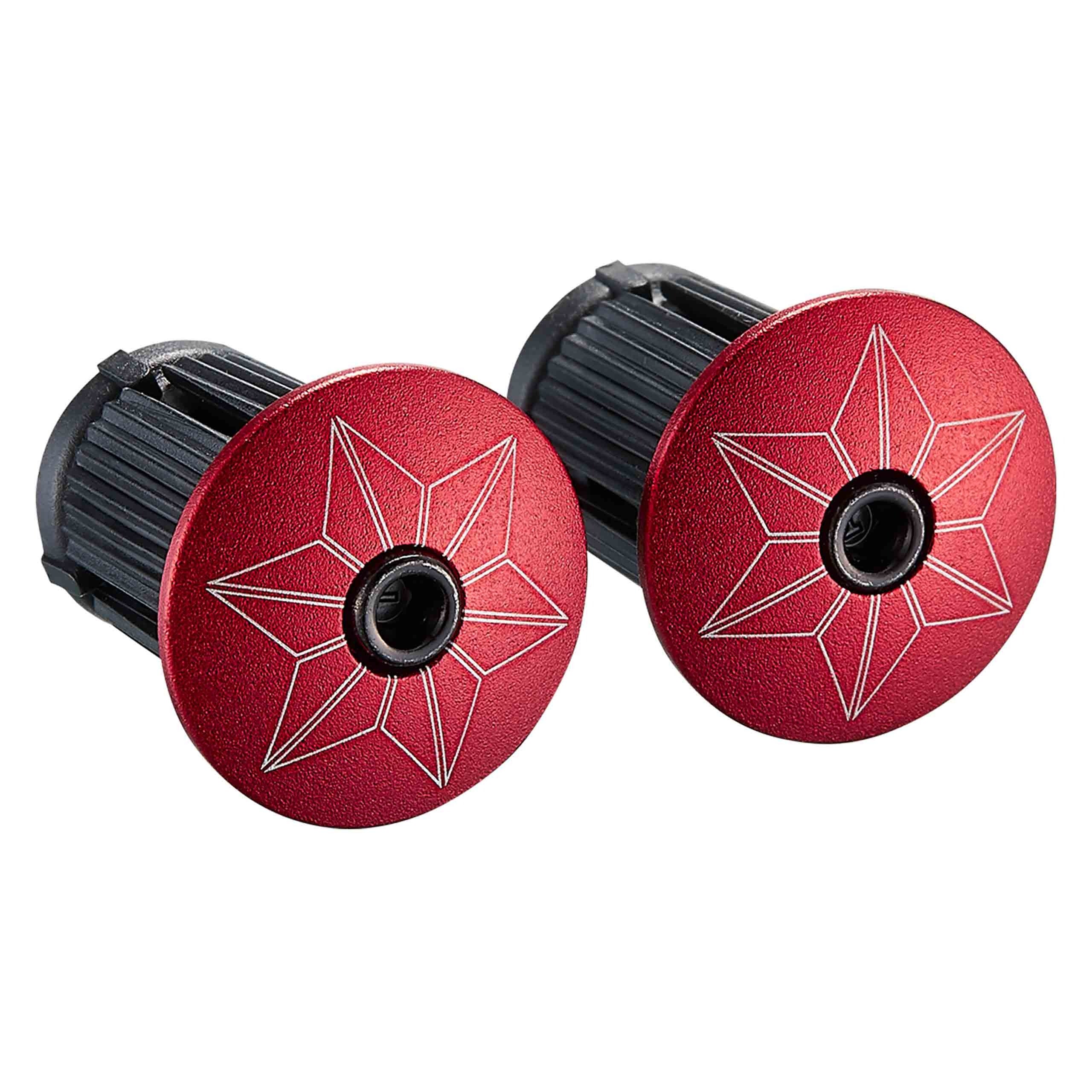 Red Bar End Plugs for road bike bar tape with a star pattern against a white background