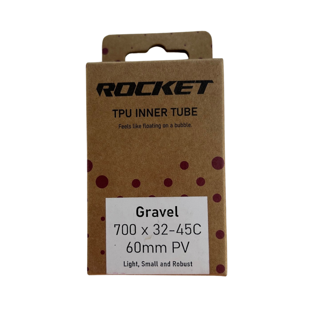 Rocket TPU inner tube packaging with specifications on a white background