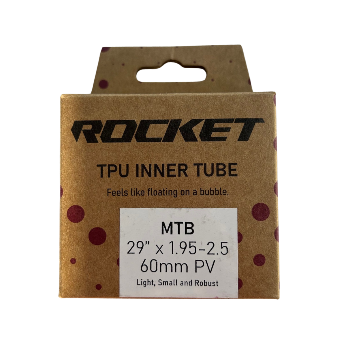 Cardboard packaging of a Rocket TPU inner tube with specifications on a white background
