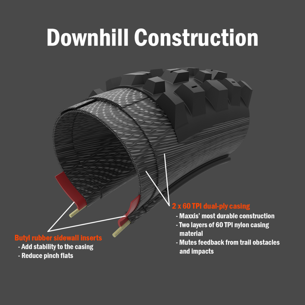 Diagram of a bicycle tire with 'Downhill Construction' text and specifications on a dark background.
