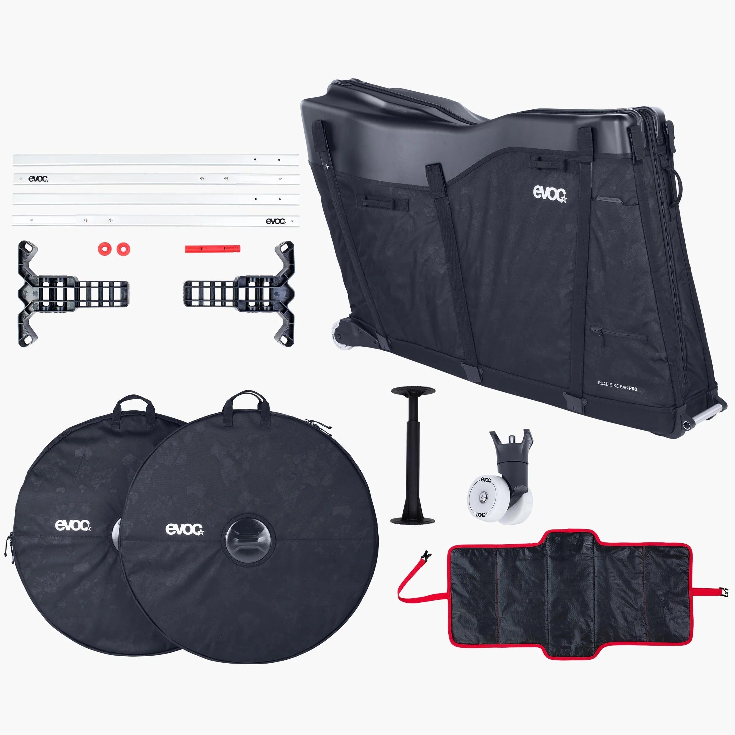 Collection of EVOC bikepacking gear including a frame bag, saddle bags, and other accessories on a white background.