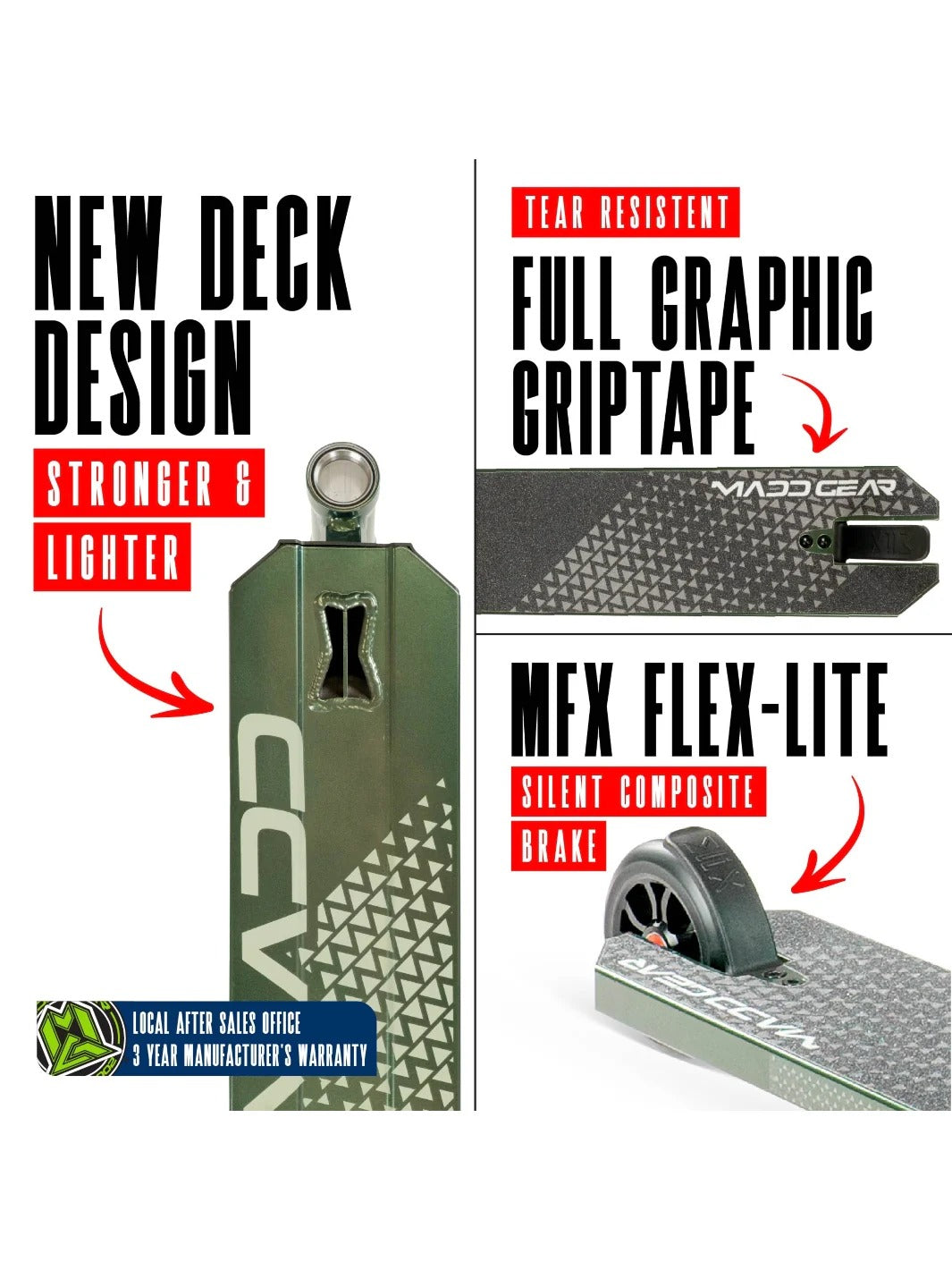 Promotional image of a skateboard with text highlighting features like 'New Deck Design', 'Full Graphic Griptape', and 'MFX Flex-Lite'.