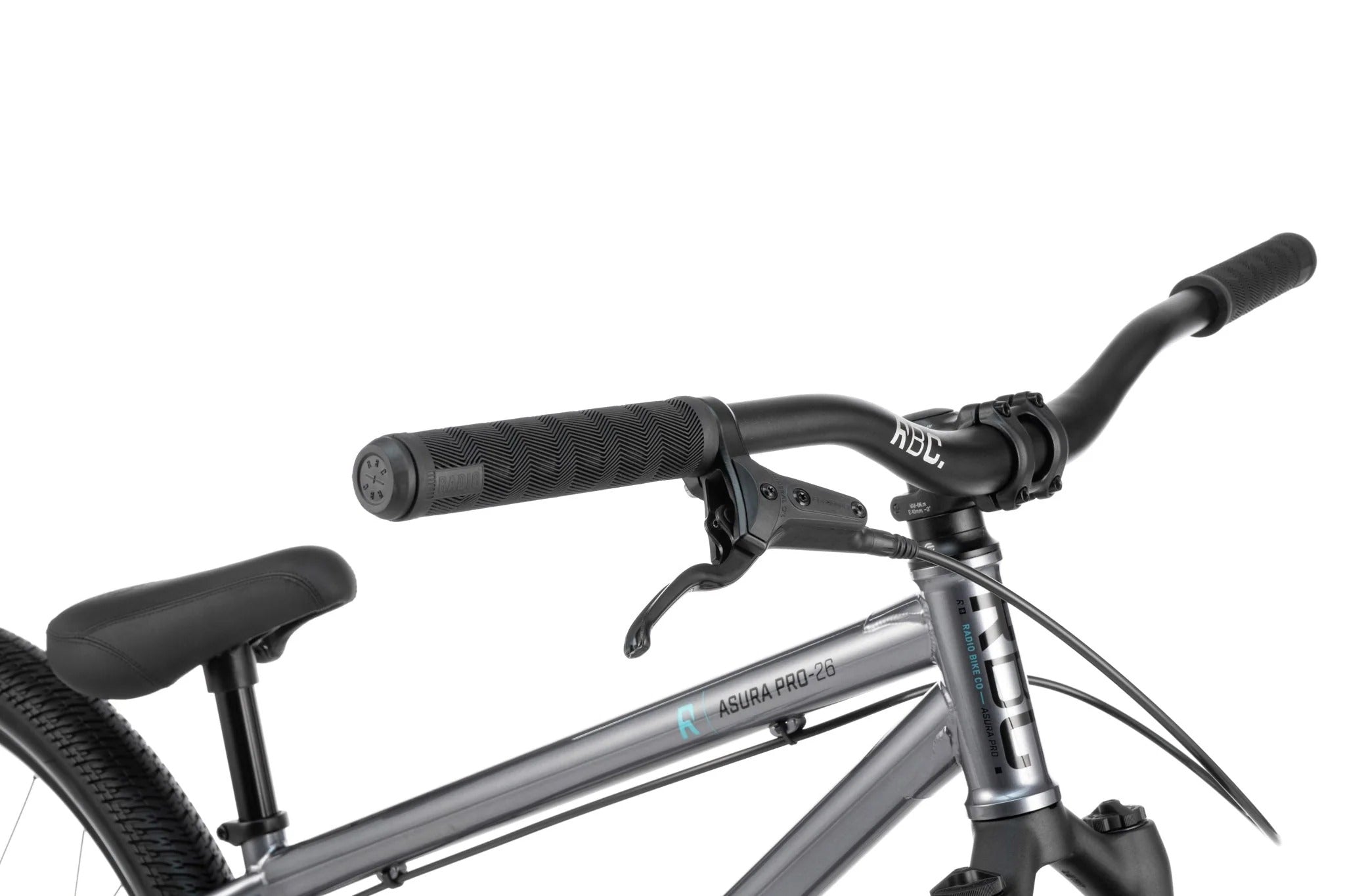 Close-up of a bicycle handlebar with visible 'Asura Pro' branding on a white background