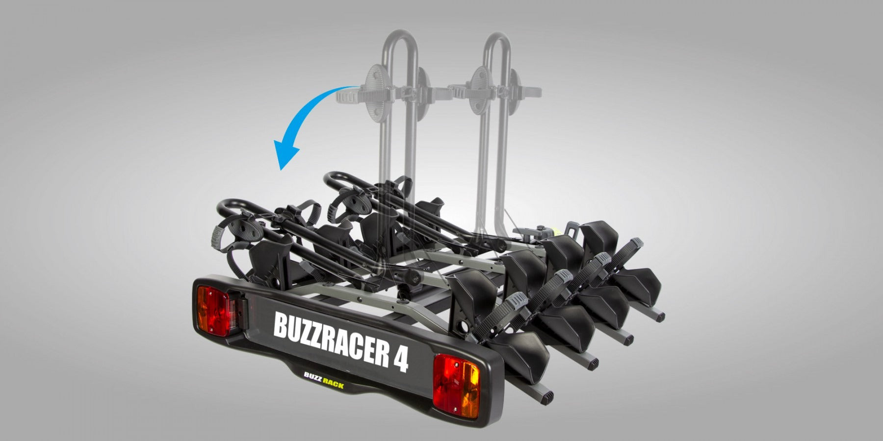 Buzracer 4 bike rack showing the tilting function on a gray background