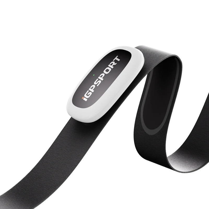 IGPSPORT Heart rate monitor strap with black band on a white background