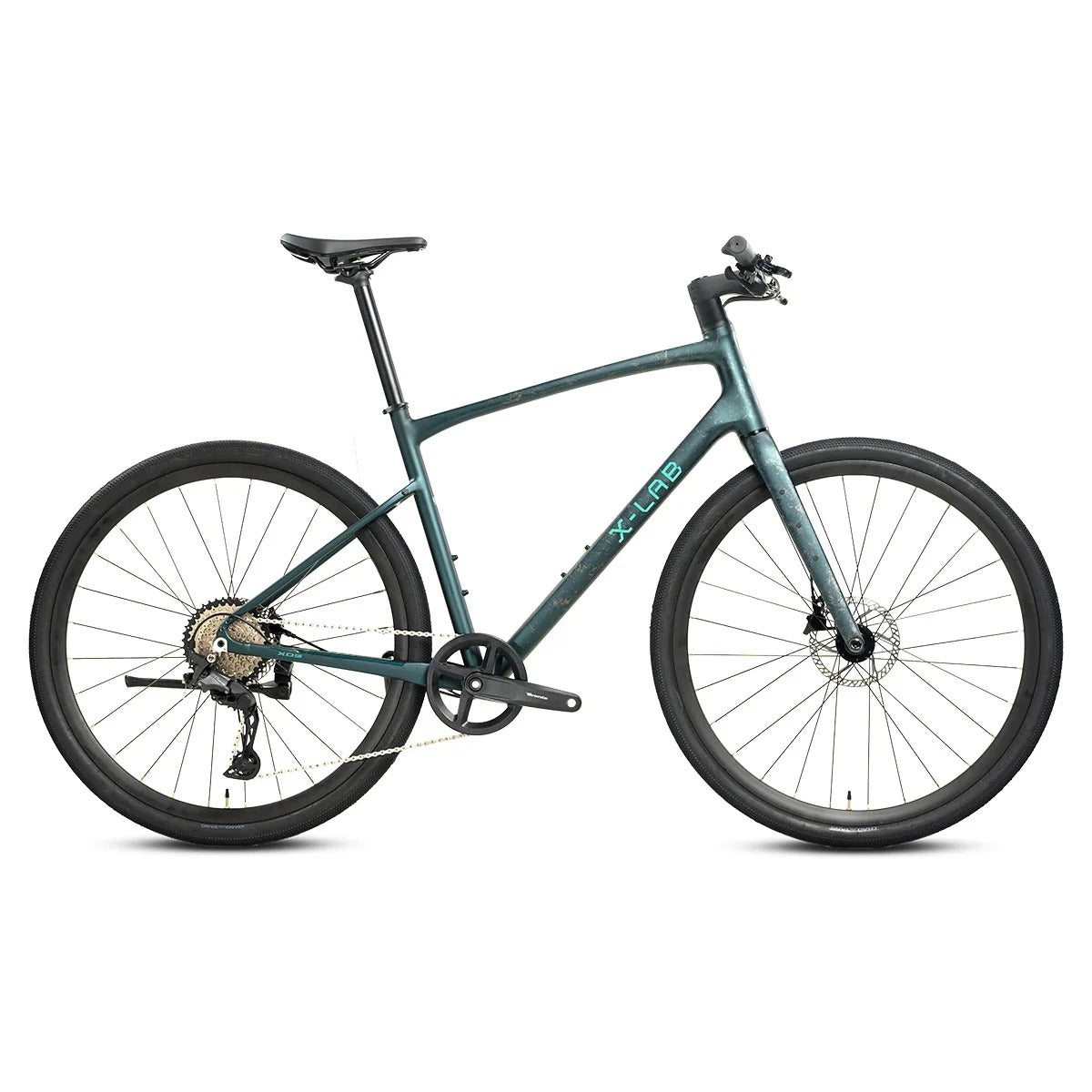 A teal X-Lab Hybrid bike with black tyres, saddle, and handlebars, shown from a side profile on a white background.