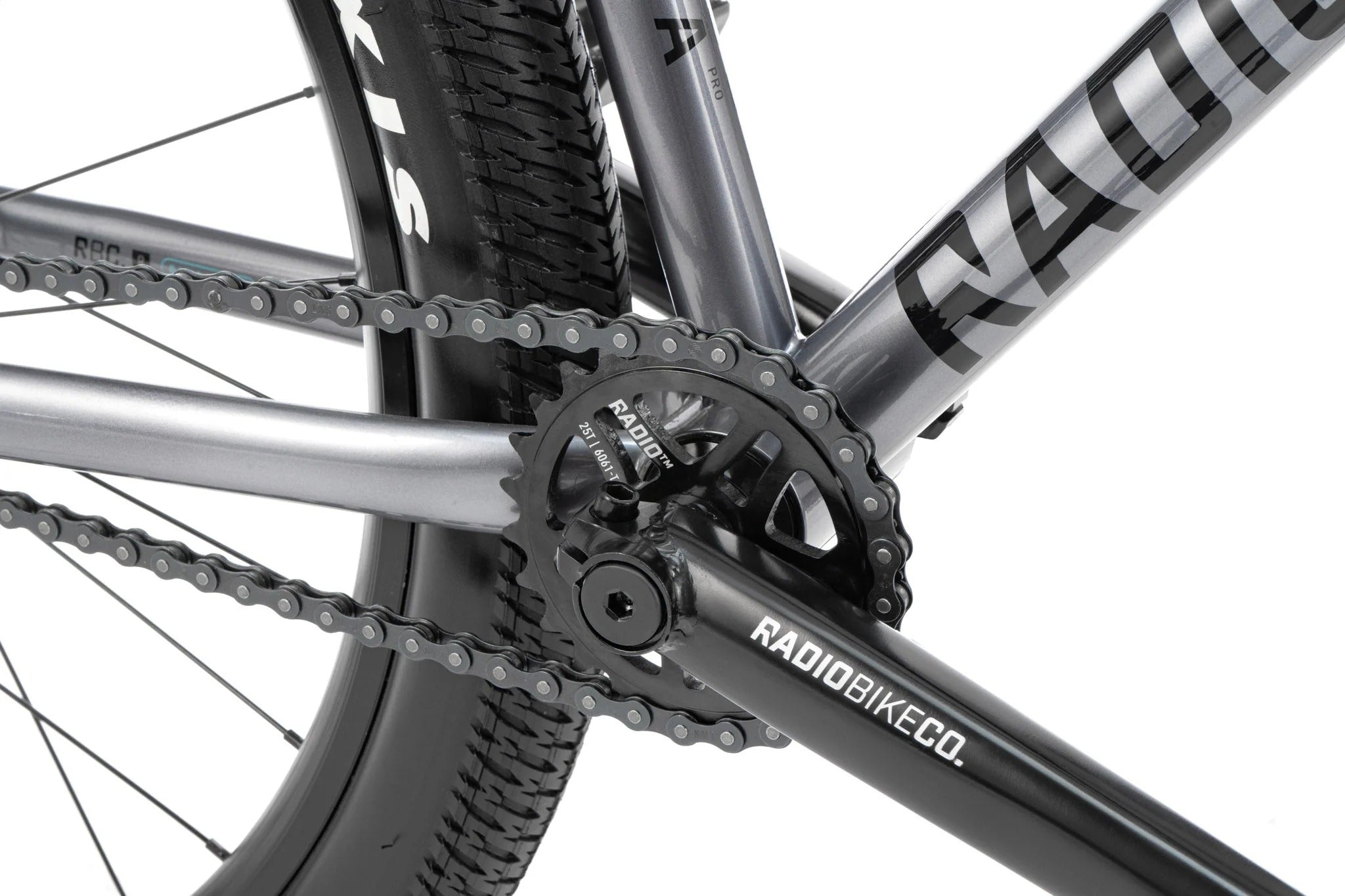 Close-up of a bicycle chain and gear system with 'Radio Bike Co.' branding.