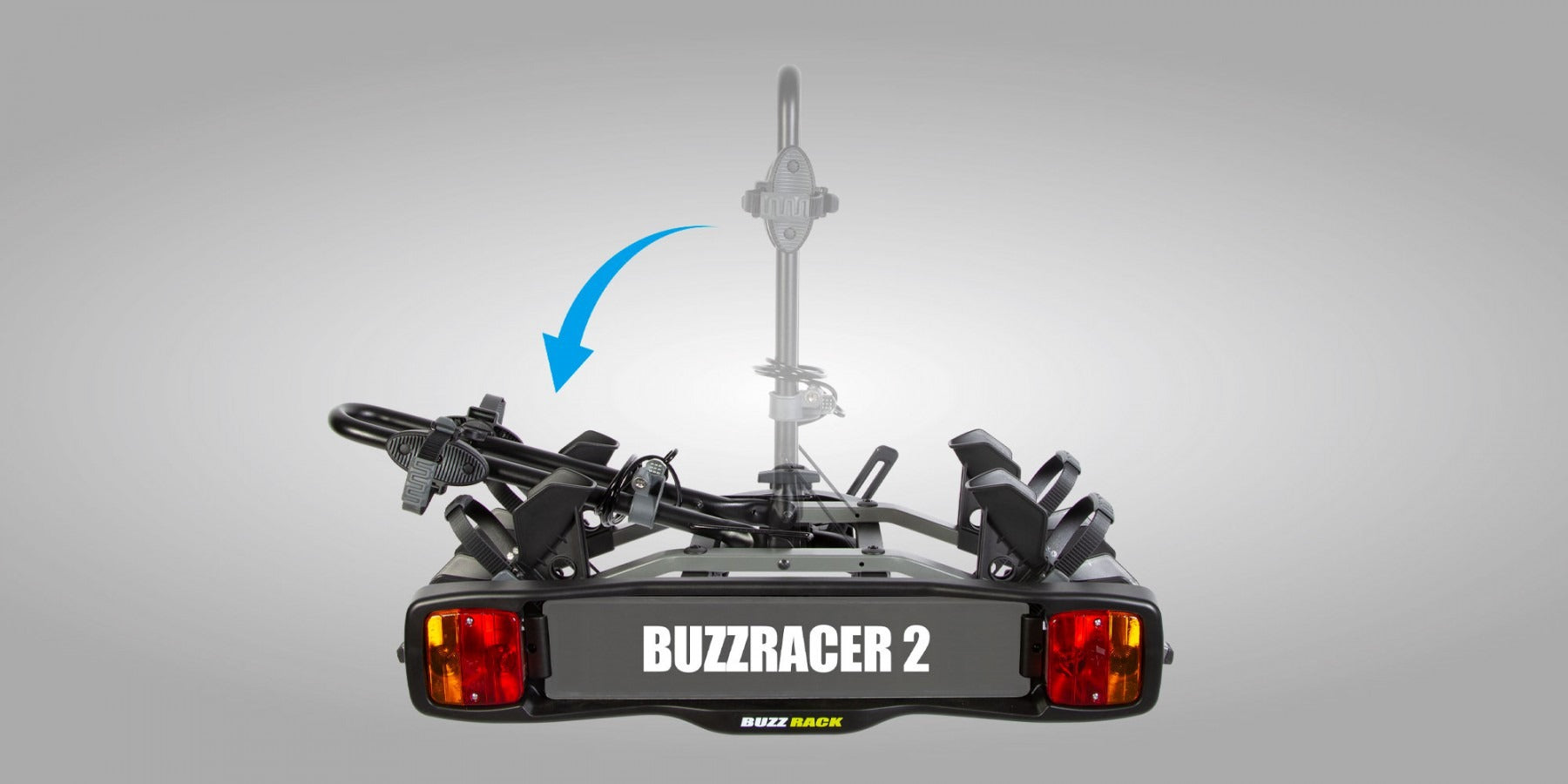 Buzzracer 2 bike rack on a gray background showing tilting feature