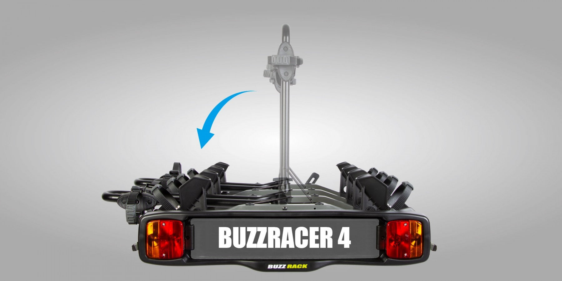 Buzzracer 4 bike rack showing the side tilting option on a gray background