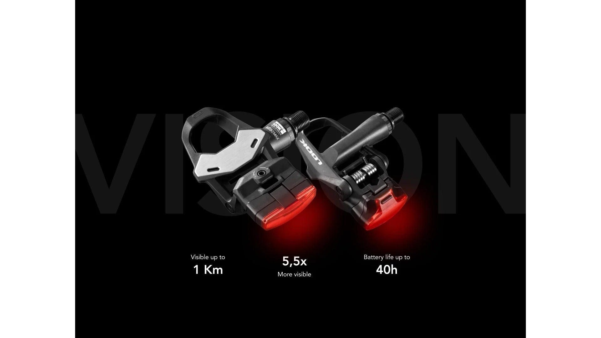 Two road bike pedals with integrated bike lights with specifications on a black background, featuring the Vision brand.