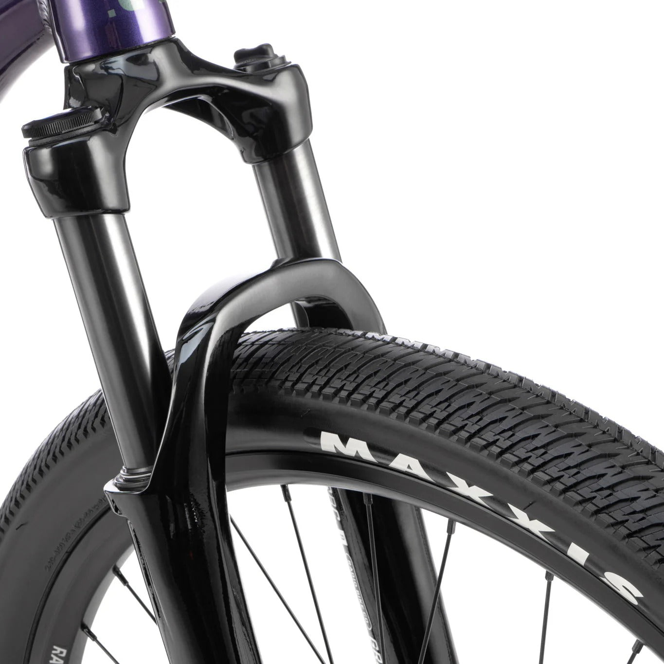 Close-up of a bicycle fork and tyre with Maxxis branding on a white background