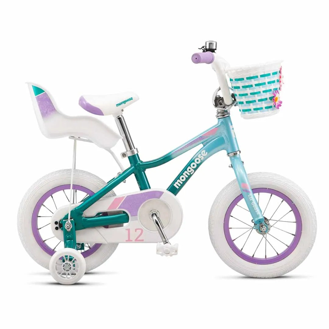 Mongoose girl's bicycle with teal frame, white seat, and purple accents on a white background