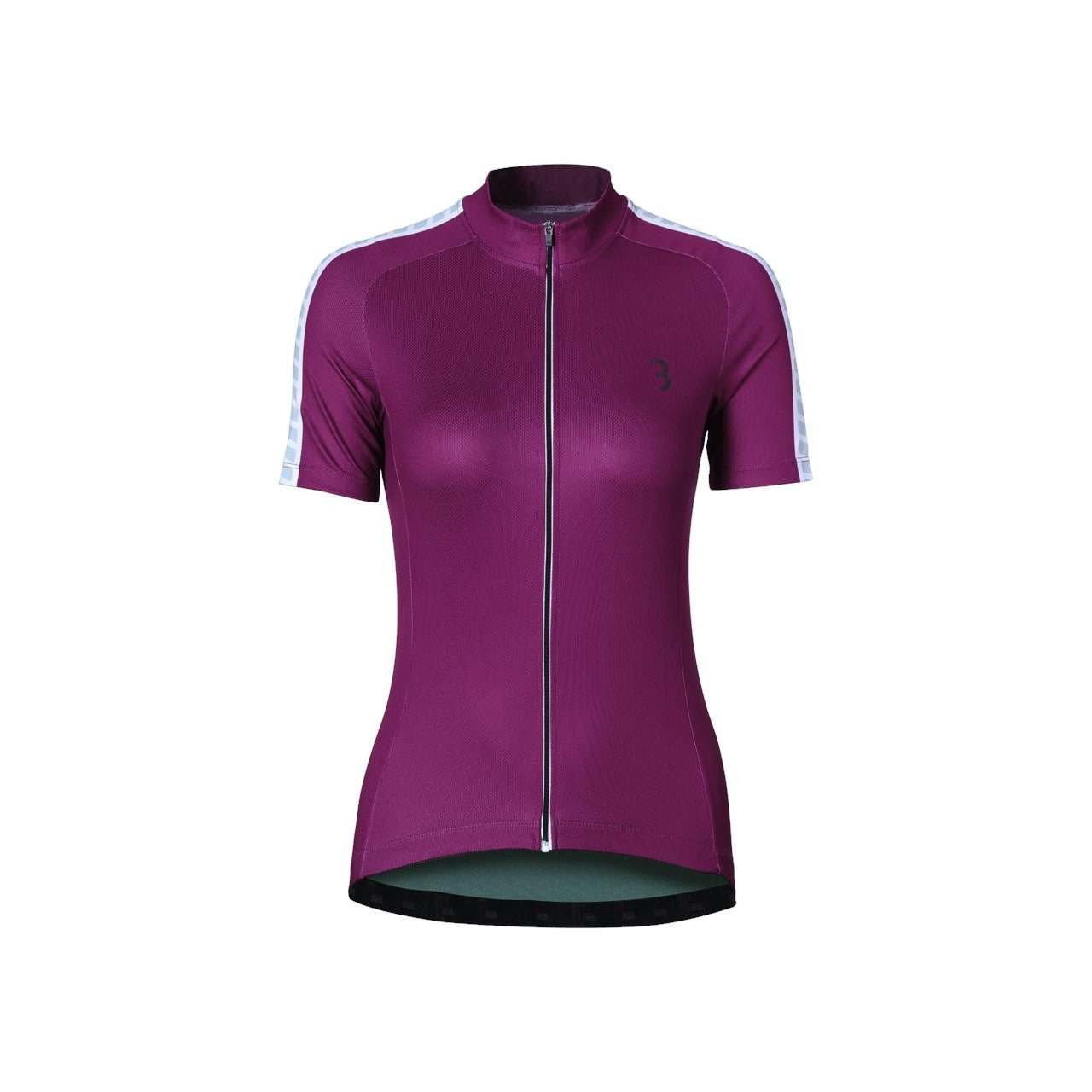 Purple cycling jersey with white stripes on sleeves against a white background