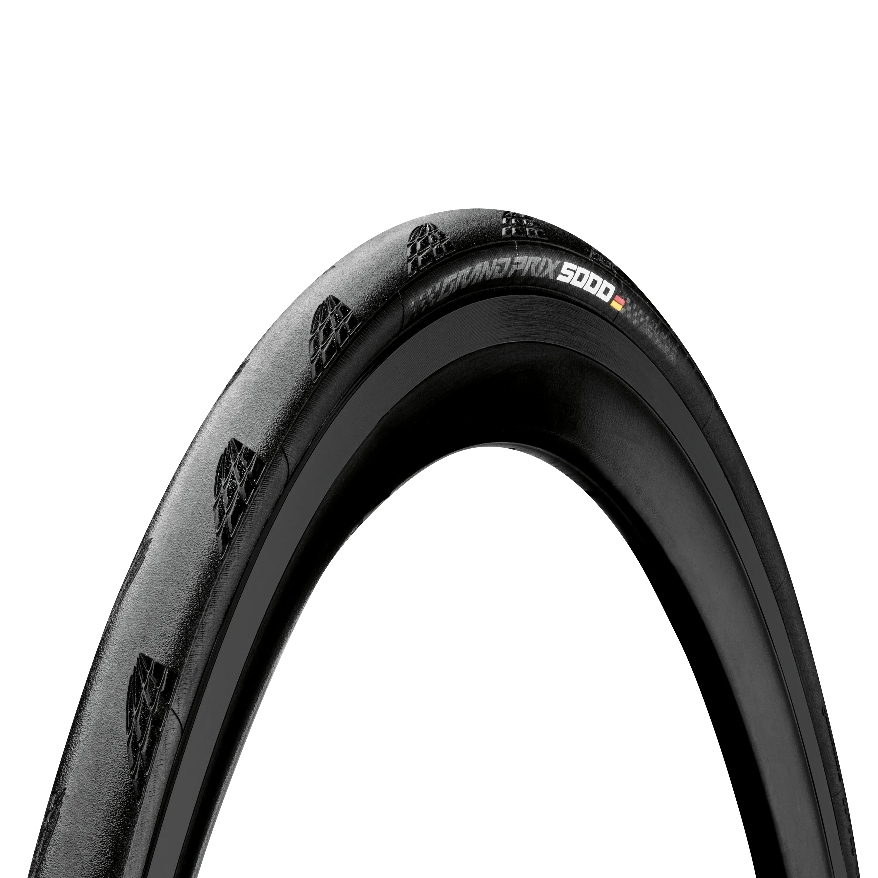 Black Road Tyre with Grand Prix 5000 on the sidewall against a white background