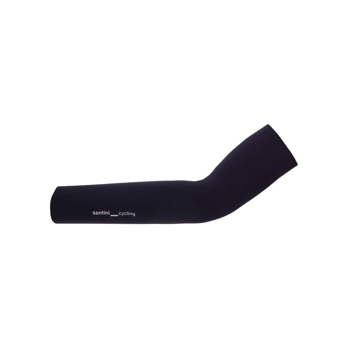 A black cycling arm sleeve with 'Santini Cyling' printed on the side on a white background