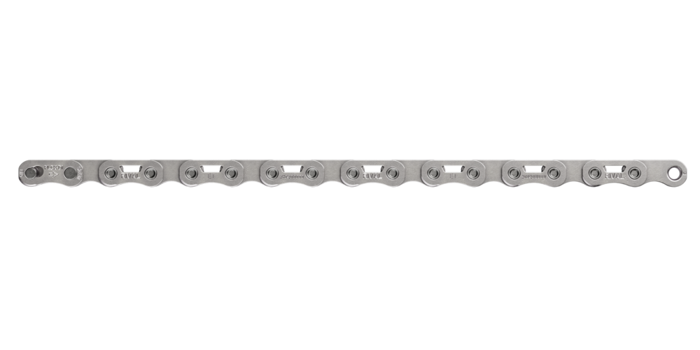 Silver flat top bicycle chain on a white background