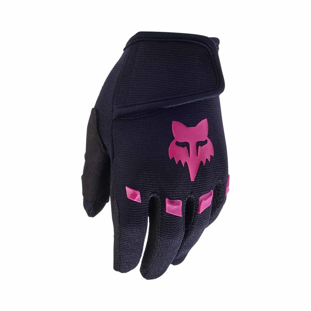 Black and pink Fox Dirtpaw Kids Mountain Bike Glove on a white background