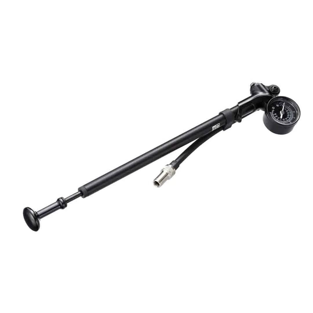 Black bicycle shock pump with gauge on a white background