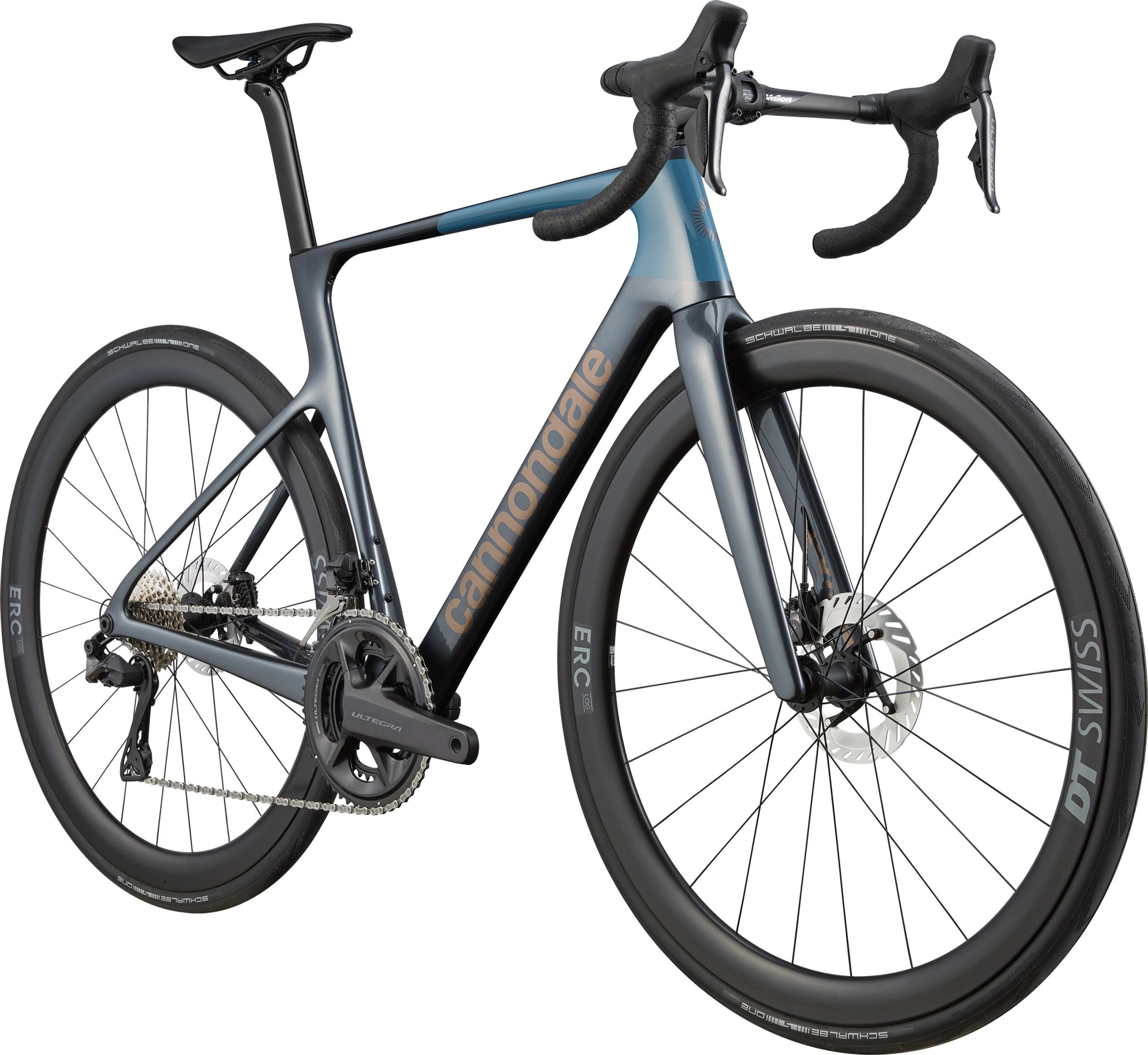 Blue and black Cannondale bicycle on a white background