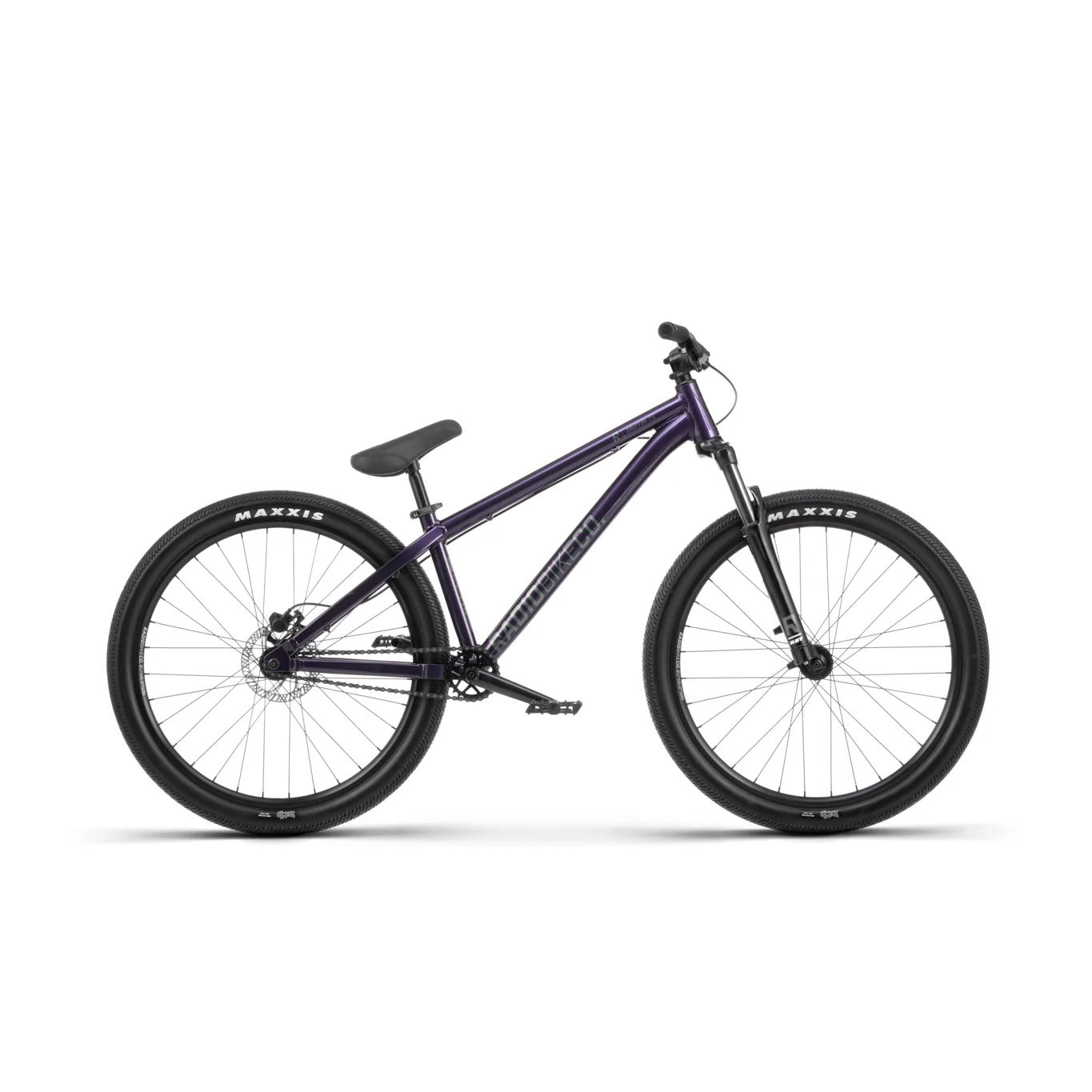 Purple bicycle with Maxxis tyres on a white background