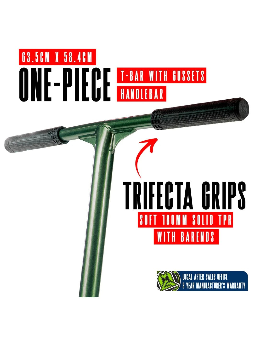One-piece T-bar with bushings and handlebar by Trifecta Grips on a white background