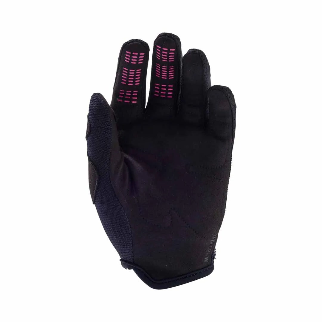 The palm of a mountain bike glove with pink accents on a white background