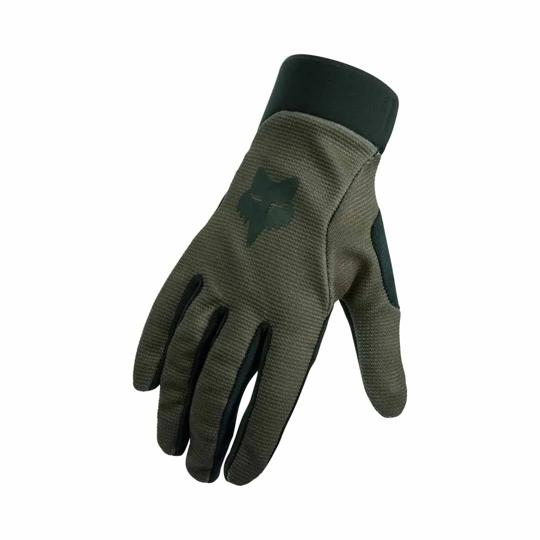 Olive green Fox Ranger Youth mountain bike gloves on a white background