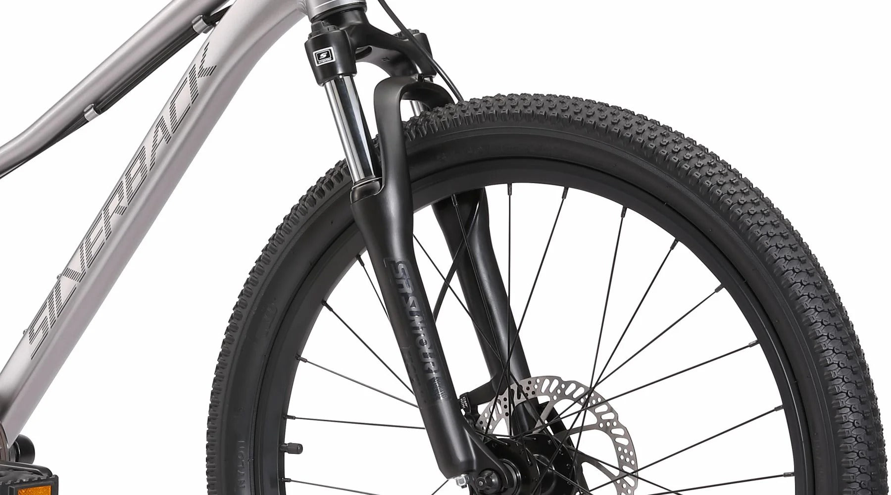 Close-up of a bicycle wheel with suspension fork on a white background