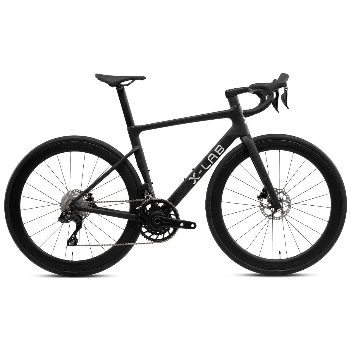 Black road bicycle with 'X-Lab' branding on a white background