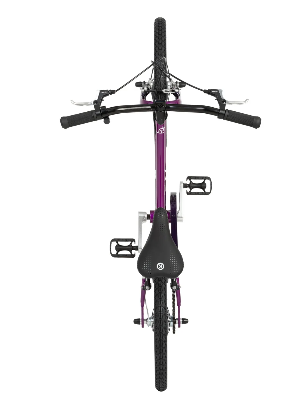 A children's BYK bicycle viewed from the top against a solid white background. The bike features a purple frame, black handlebars with grips, black saddle, and black tires.