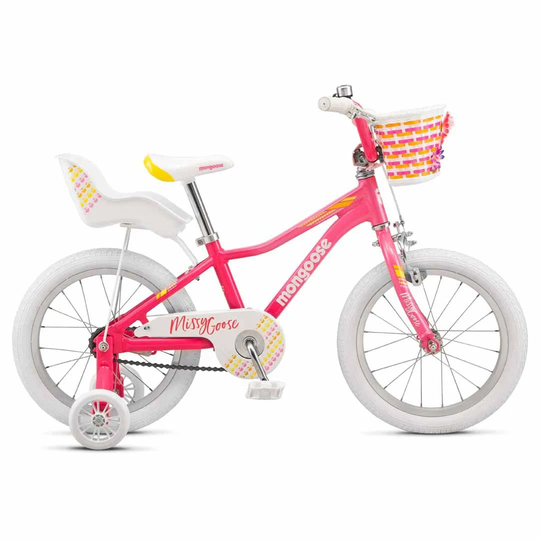 Pink Mongoose Girls bike with basket and doll carrier against a white background