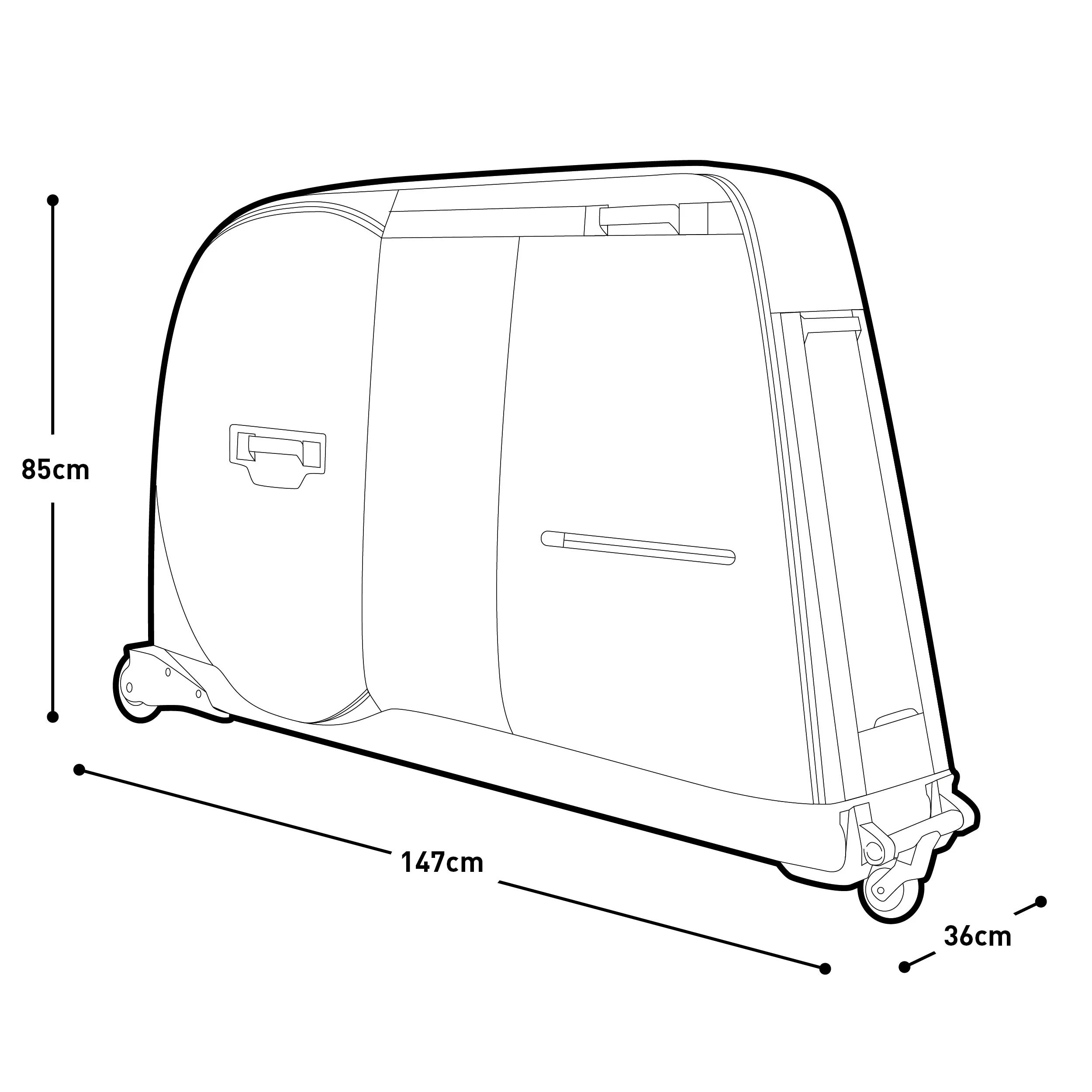 Technical drawing of a bicyle travel bag with dimensions labeled.