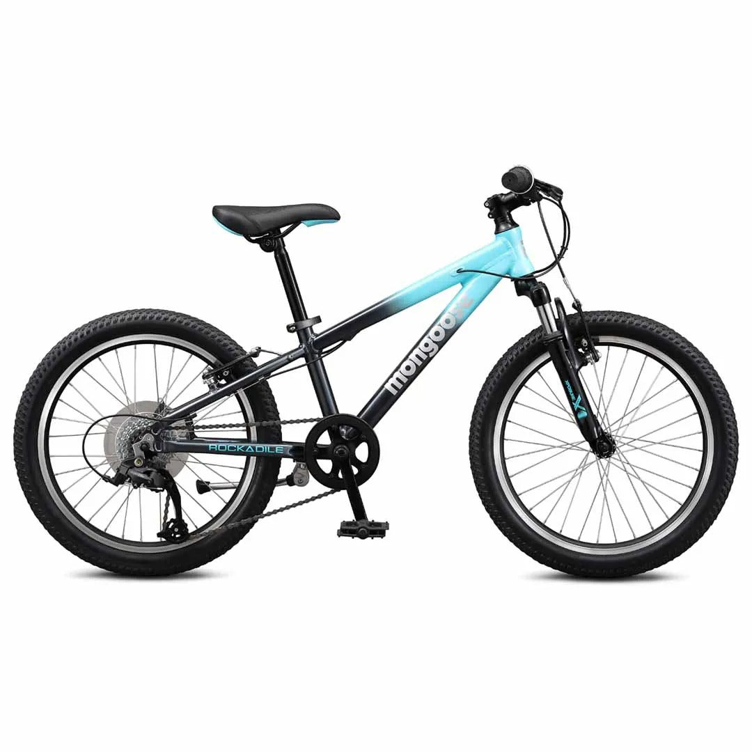 Girls teal Mongoose mountain bike on a white background