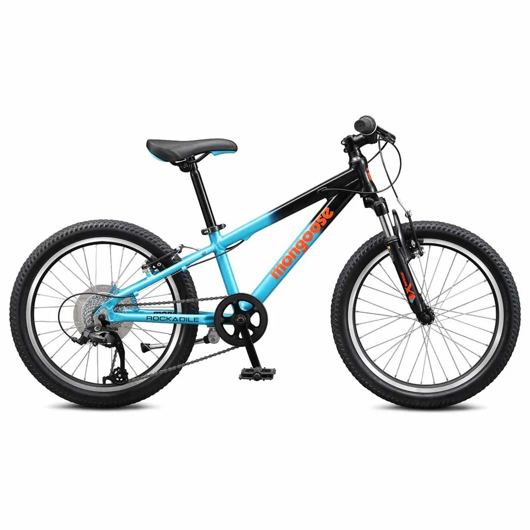 Kids black and blue Mongoose mountain bike on a white background