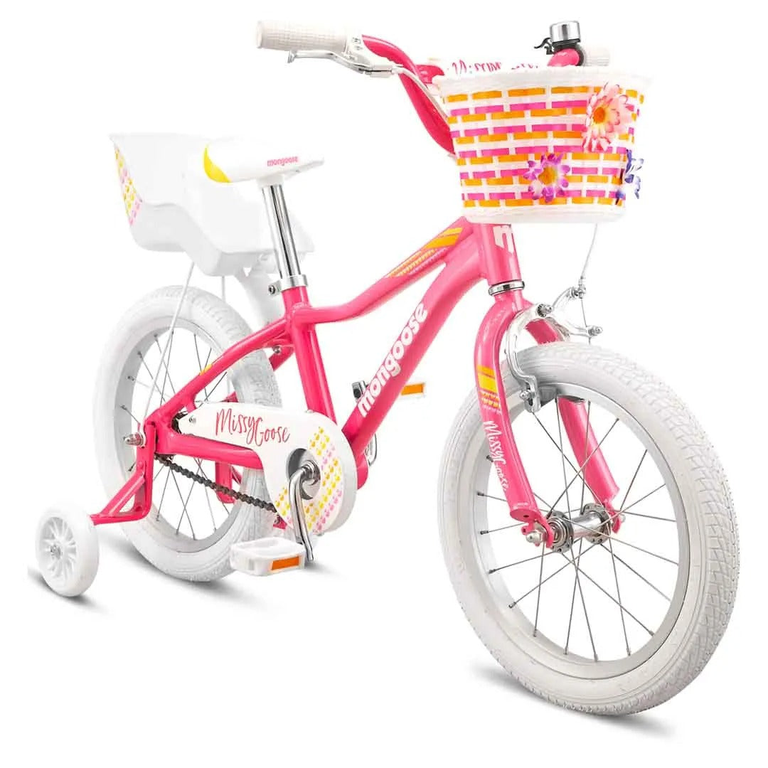Pink children's Mongoose bike with a basket and doll carrier on a white background
