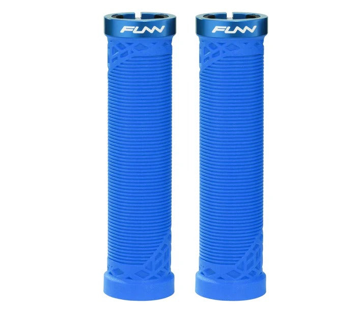 Two bright blue bicycle handlebar grips with a ribbed texture and a blue top cap featuring the white 'FUNN' brand logo, shown on a plain white background.