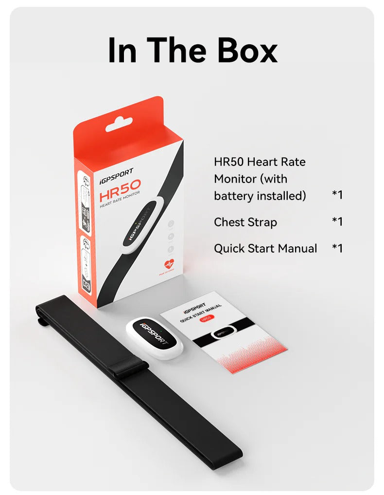 IGPSPORT HR50 heart rate monitor packaging with accessories on a white background