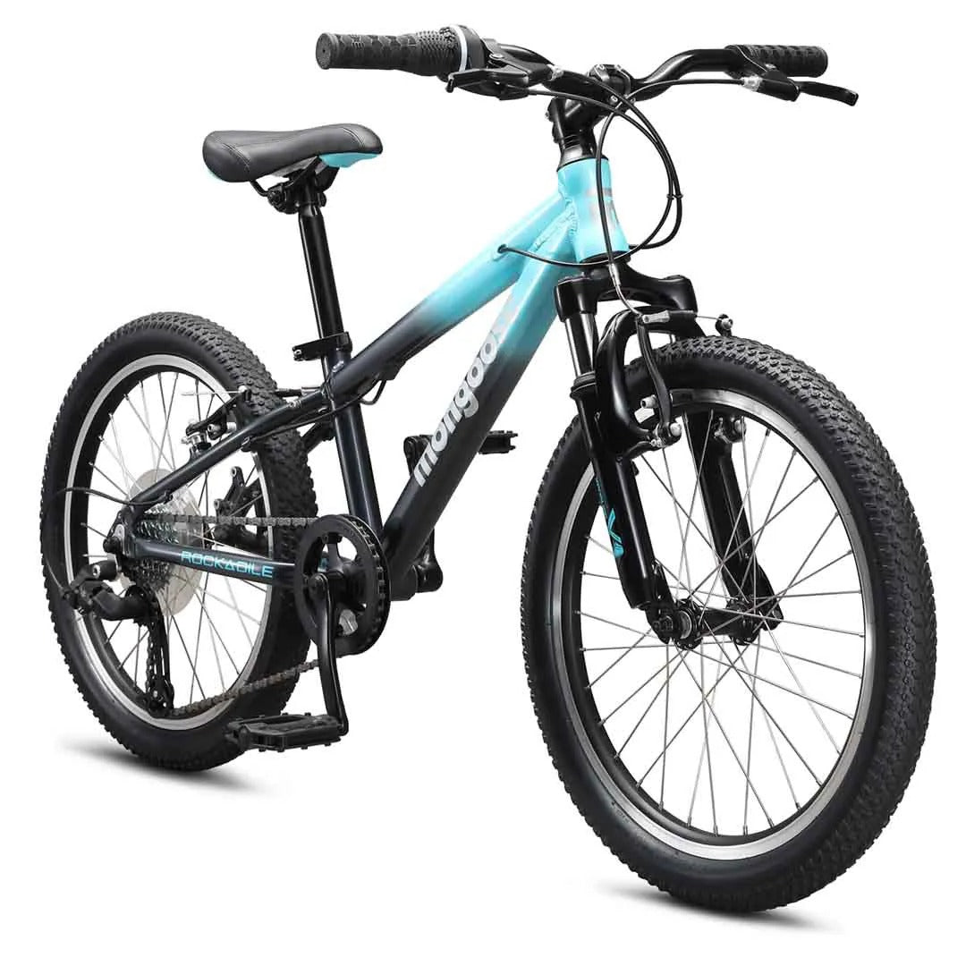 Girls teal Mongoose mountain bike on a white background