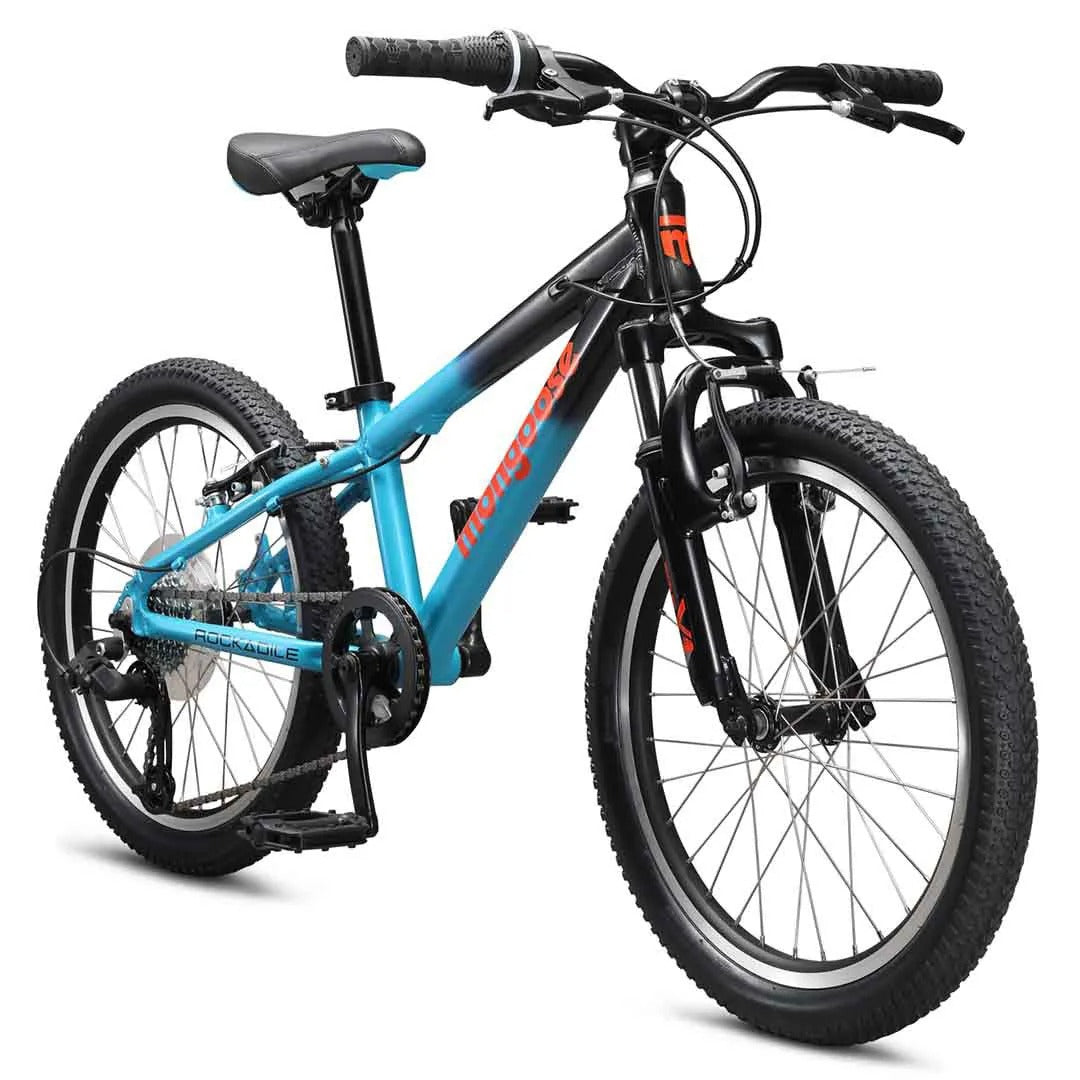 Kids black and blue Mongoose mountain bike on a white background