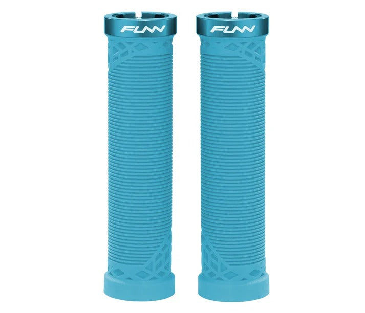 A pair of turqouise bicycle handlebar grips with a ribbed texture and the brand name 'FUNN' printed in white on the top ends, set against a plain white background.