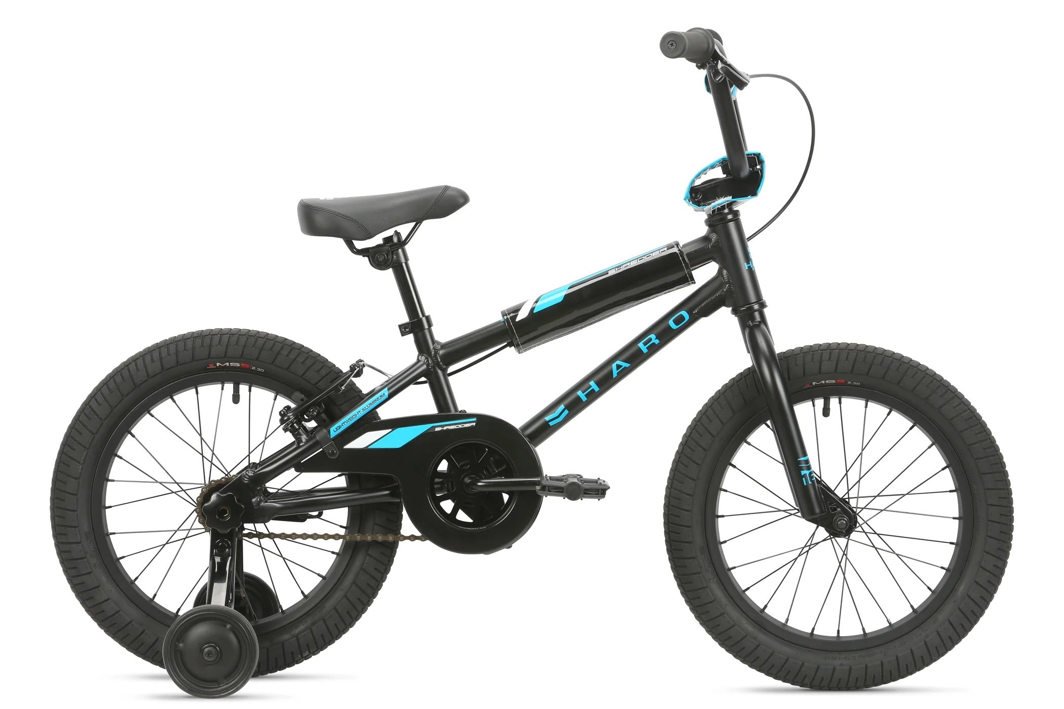 Black children's BMX bike with blue accents on a white background