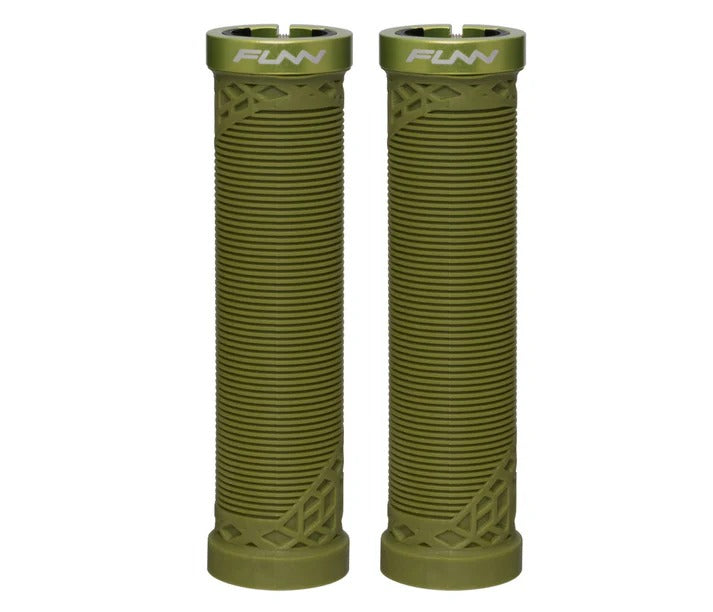 A pair of olive green textured bicycle handlebar grips with a ribbed design and geometric patterns near the base, featuring the brand name 'FUNN' printed in white on the top ends.