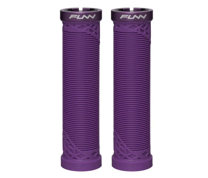 Two purple bicycle handlebar grips with a ribbed texture and geometric patterns near the base, featuring the white 'FUNN' brand logo on the top ends, set against a plain white background.