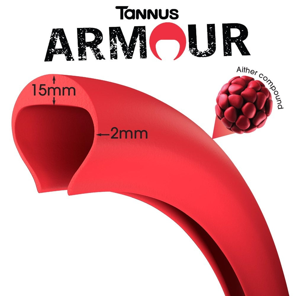 Red Tannus Armour product with thickness measurements and a close-up of the material on a white background.